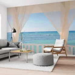 Fotobehang Balkon met zeezicht - 260 x 384cm - Blauw