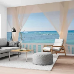 Fotobehang Balkon met zeezicht - 260 x 384cm - Blauw