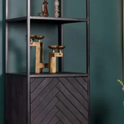 Furndea Scandi boekenkast industrieel visgraat zwart 1- deur - 45x55x200 cm