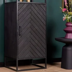 Furndea Scandi boekenkast industrieel visgraat zwart 1- deur - 45x55x200 cm