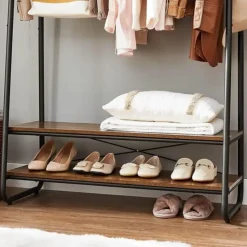 Garderobe - met 2 legplanken - 6 haken in S-vorm - vintage - Bruin-Zwart