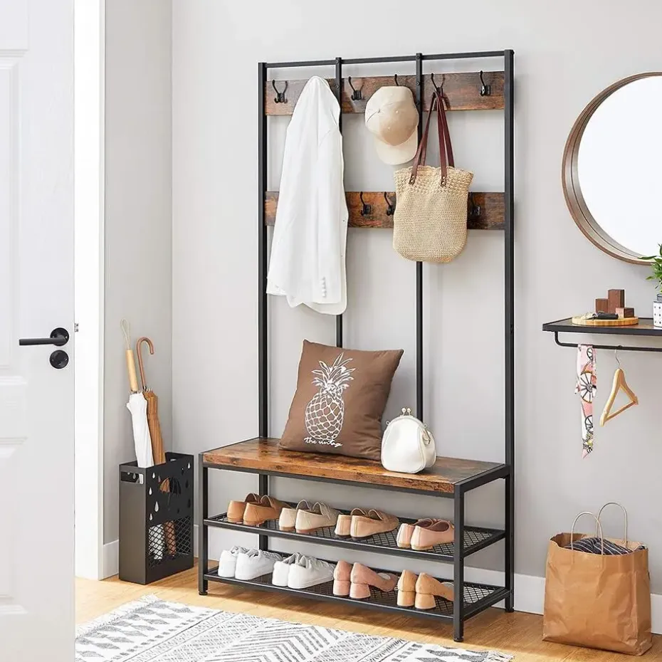 Garderoberek XL - industriële look - 12 haken - 100x186x40 cm - vintage bruin