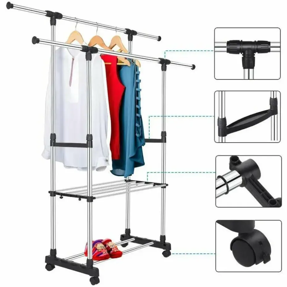 Gerimport Kledingrek - mobiel - dubbele stang - 160 cm
