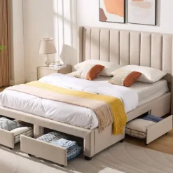 Gestoffeerd tweepersoonsbed Wallis - 140 x 200 cm - Met opberglades - Beige