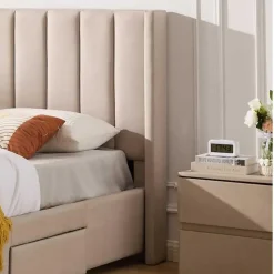 Gestoffeerd tweepersoonsbed Wallis - 140 x 200 cm - Met opberglades - Beige