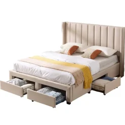 Gestoffeerd tweepersoonsbed Wallis - 140 x 200 cm - Met opberglades - Beige