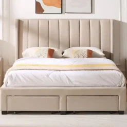 Gestoffeerd tweepersoonsbed Wallis - 140 x 200 cm - Met opberglades - Beige