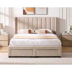Gestoffeerd tweepersoonsbed Wallis - 140 x 200 cm - Met opberglades - Beige