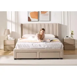 Gestoffeerd tweepersoonsbed Wallis - 140 x 200 cm - Met opberglades - Beige
