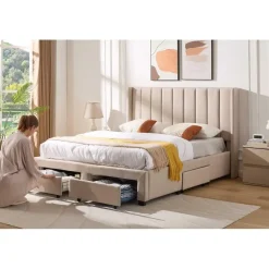 Gestoffeerd tweepersoonsbed Wallis - 140 x 200 cm - Met opberglades - Beige