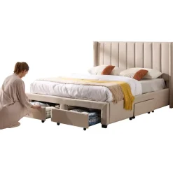 Gestoffeerd tweepersoonsbed Wallis - 140 x 200 cm - Met opberglades - Beige