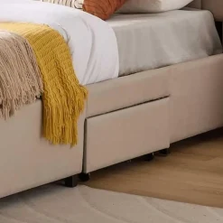 Gestoffeerd tweepersoonsbed Wallis - 140 x 200 cm - Met opberglades - Beige