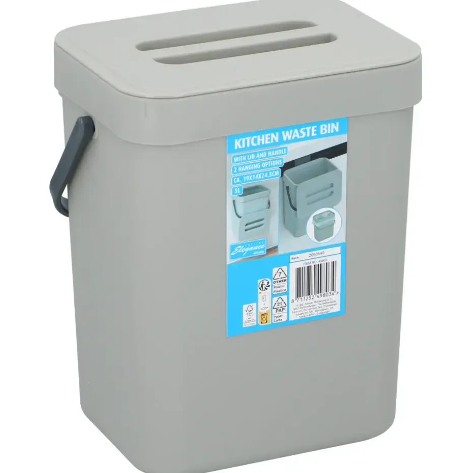 Gft afvalbakje voor aanrecht - 5L - grijs - 24 x 19 x 14 cm