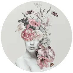 Glasschilderij Bloemenvrouw - Ø 70cm - Roze