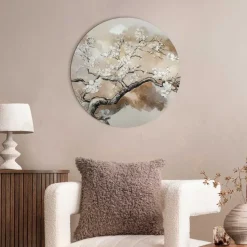 Glasschilderij Boom in bloei - Ø 50cm - Beige