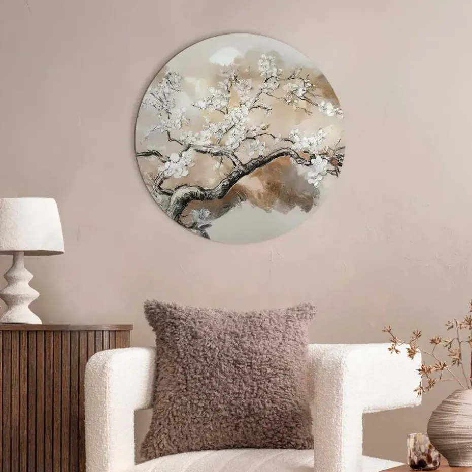 Glasschilderij Boom in bloei - Ø 50cm - Beige