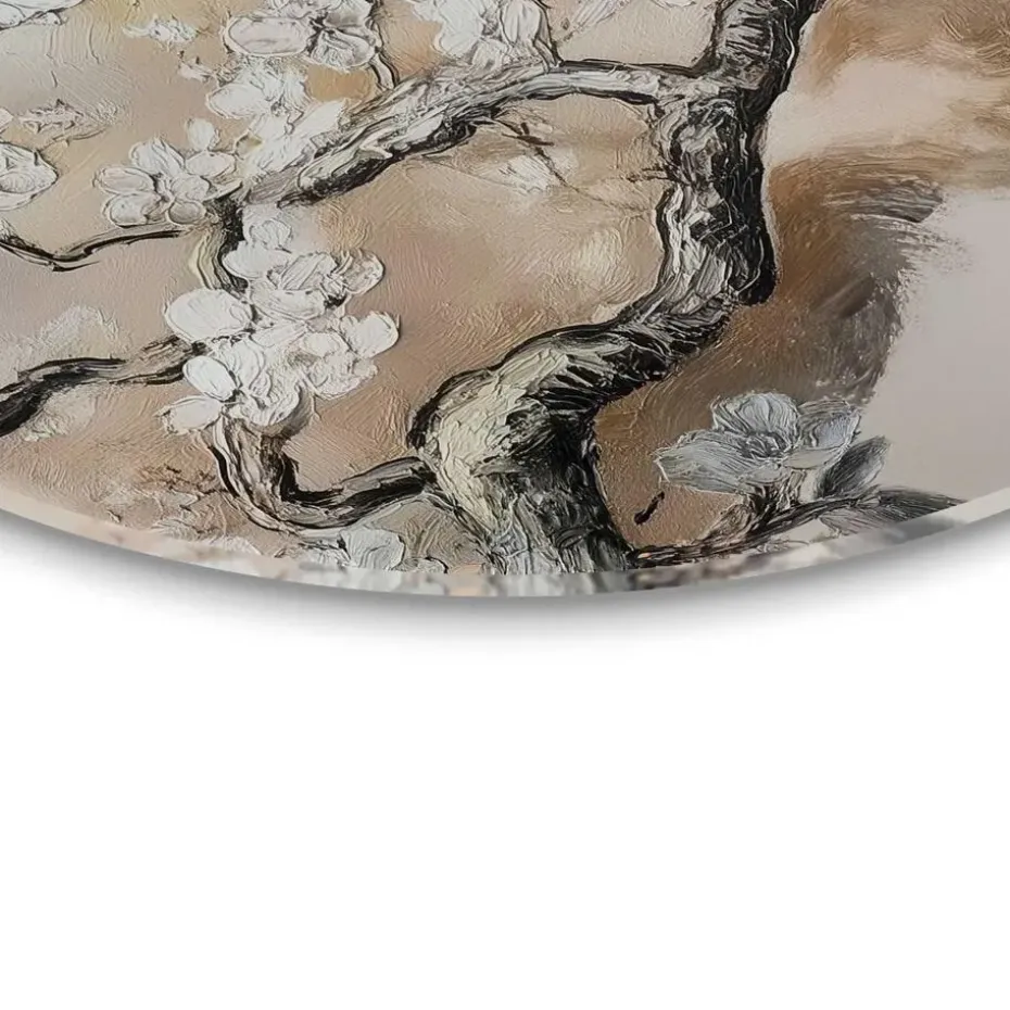 Glasschilderij Boom in bloei - Ø 50cm - Beige