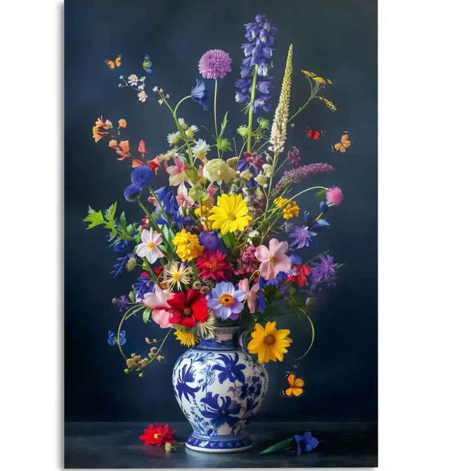 Glasschilderij Delfts Blauw bloemen - 116 x 78cm - Bont
