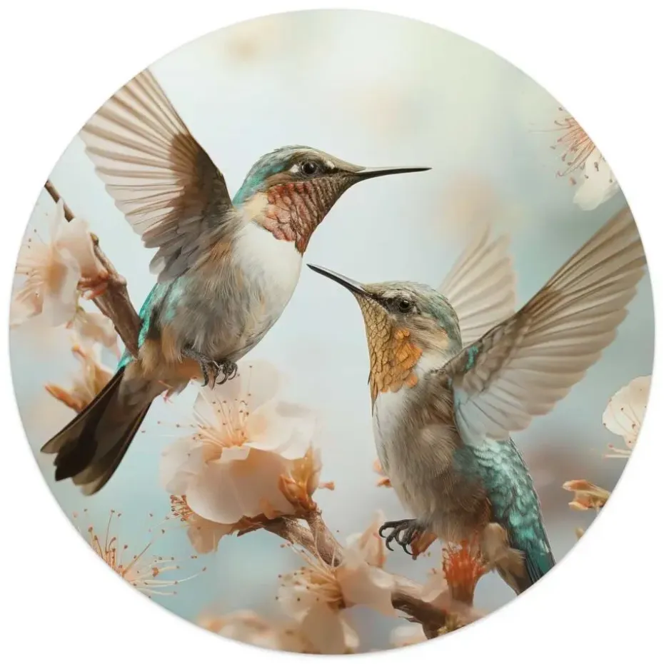 Glasschilderij Kolibri in de lente - Ø 50cm - Beige