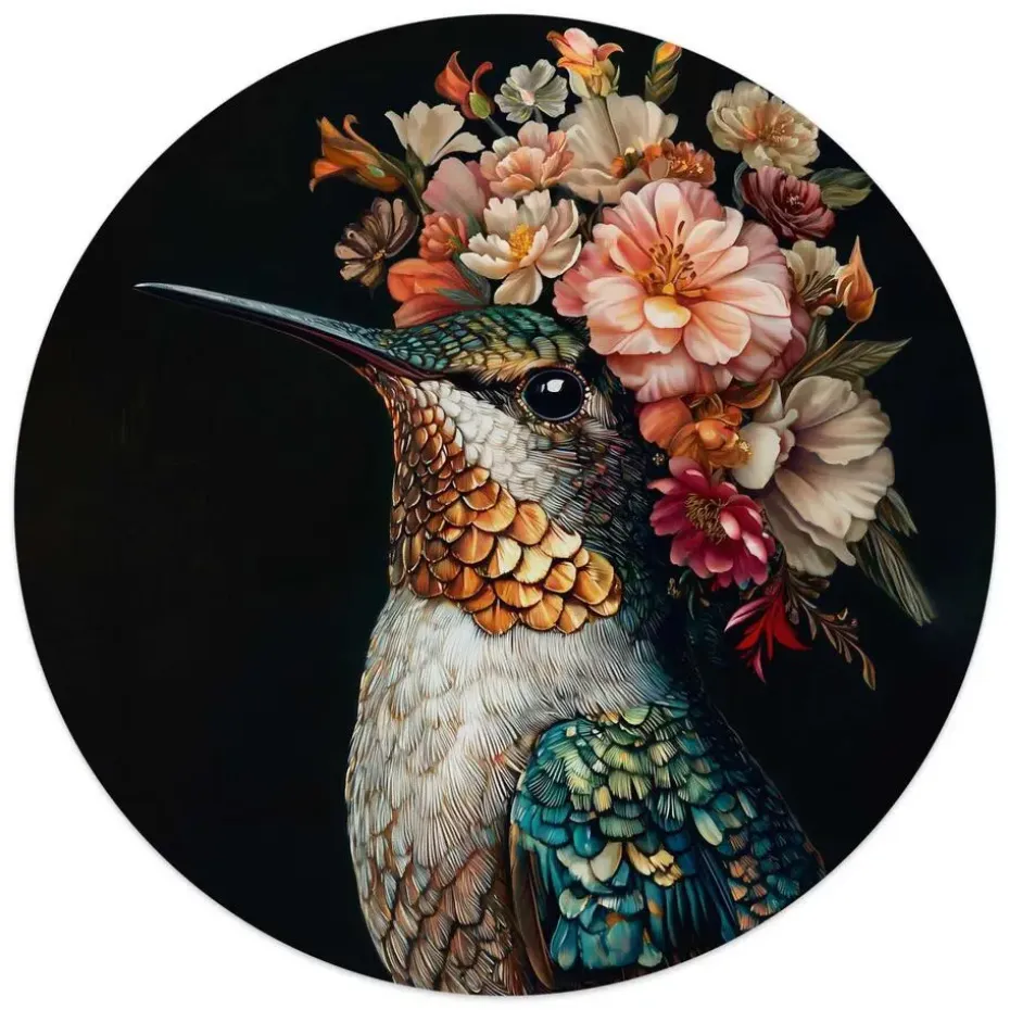 Glasschilderij Kolibrie met bloemenkroon - Ø 50cm - Bont