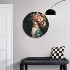 Glasschilderij Kolibrie met bloemenkroon - Ø 50cm - Bont