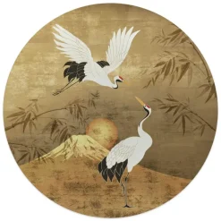 Glasschilderij Kraanvogels - Ø 50cm - Goudkleurig