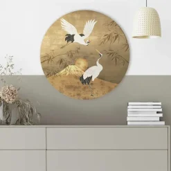 Glasschilderij Kraanvogels - Ø 50cm - Goudkleurig