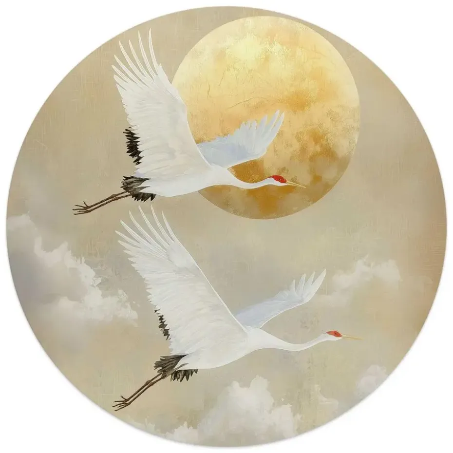 Glasschilderij Kraanvogels onder de maan - Ø 50cm - Beige