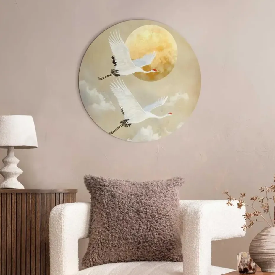 Glasschilderij Kraanvogels onder de maan - Ø 50cm - Beige