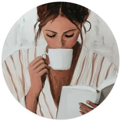 Glasschilderij Ochtendkoffie met een Boek II - Ø 50cm - Beige