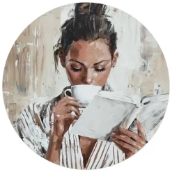 Glasschilderij Ochtendkoffie met een Boek I - Ø 70cm - Beige