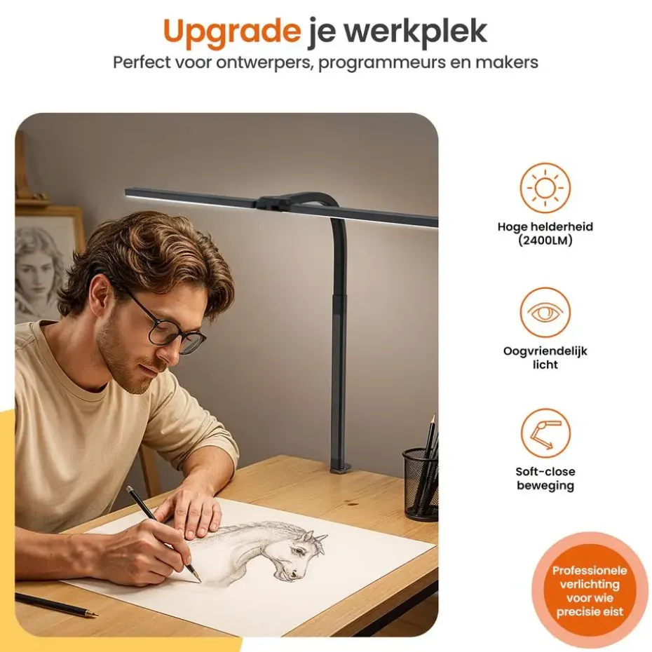 Goliving Bureaulamp met Klem - 78 CM - LED Dimbaar - Touch Bediening