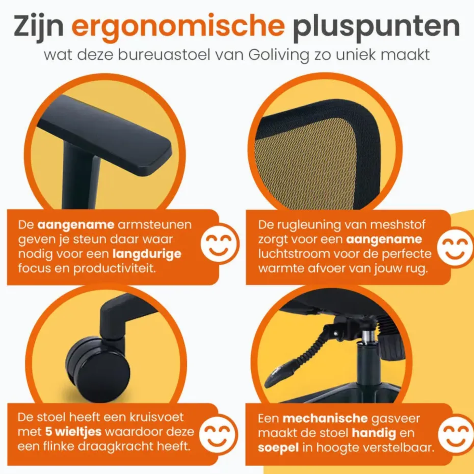 Goliving Ergonomisch bureaustoel - Verstelbaar - Op wieltjes - Zwart
