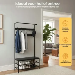 Goliving Kapstok - Garderoberek - Schoenenrek - Staand - XL - Zwart Hout