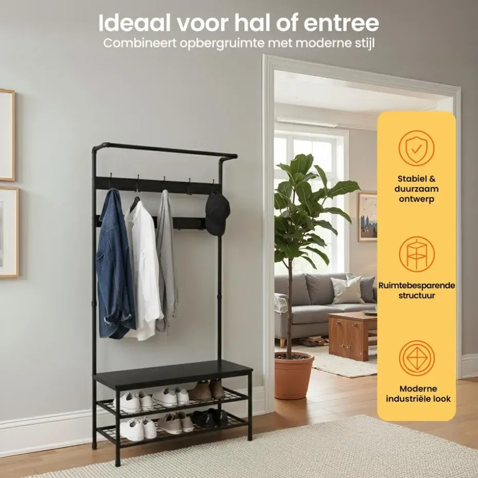 Goliving Kapstok - Garderoberek - Schoenenrek - Staand - XL - Zwart Hout