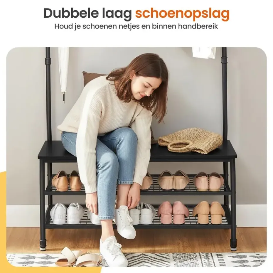 Goliving Kapstok - Garderoberek - Schoenenrek - Staand - XL - Zwart Hout