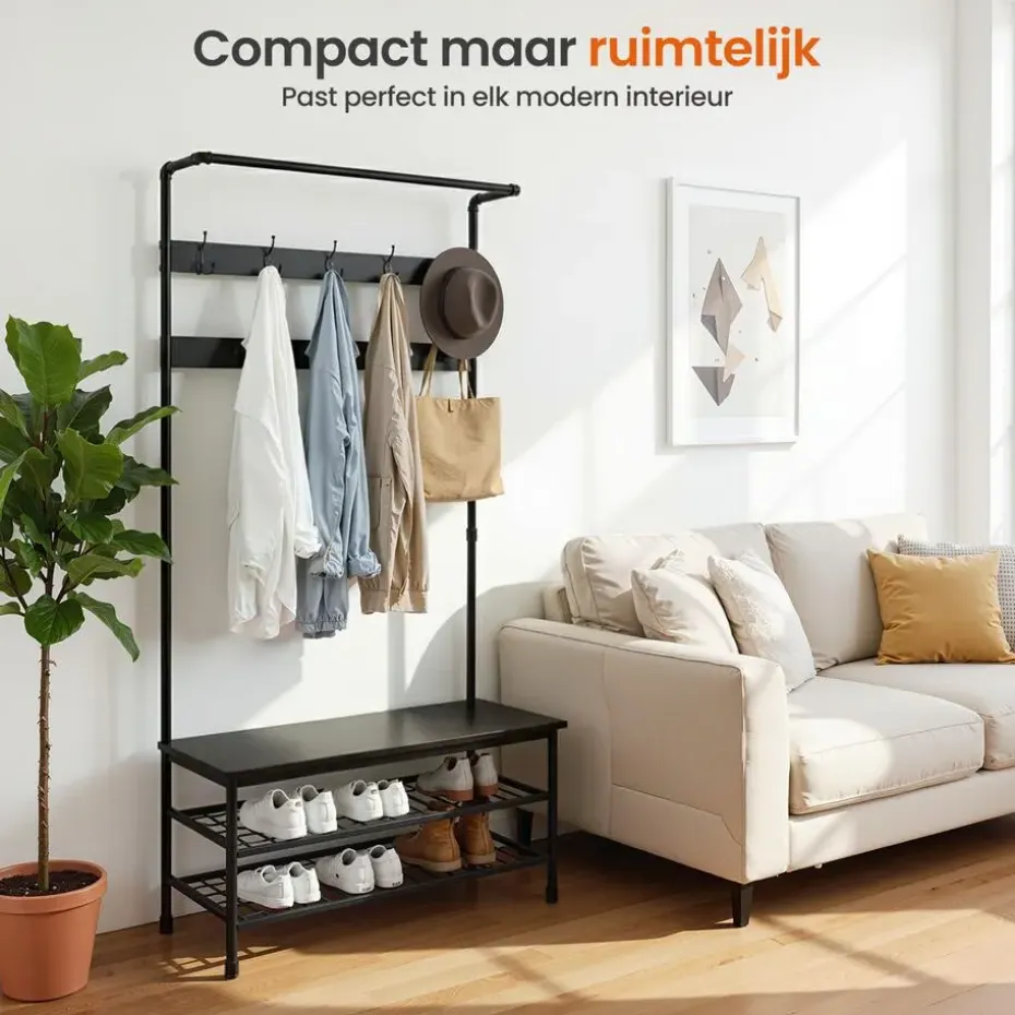 Goliving Kapstok - Garderoberek - Schoenenrek - Staand - XL - Zwart Hout