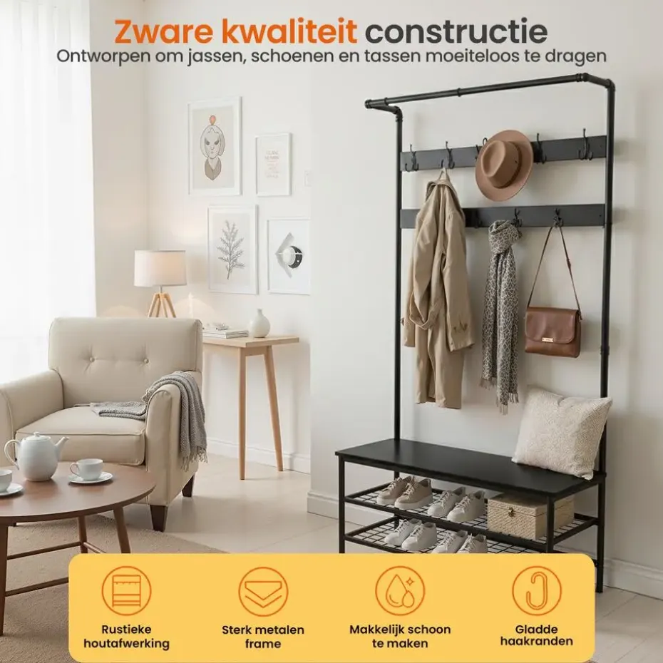 Goliving Kapstok - Garderoberek - Schoenenrek - Staand - XL - Zwart Hout