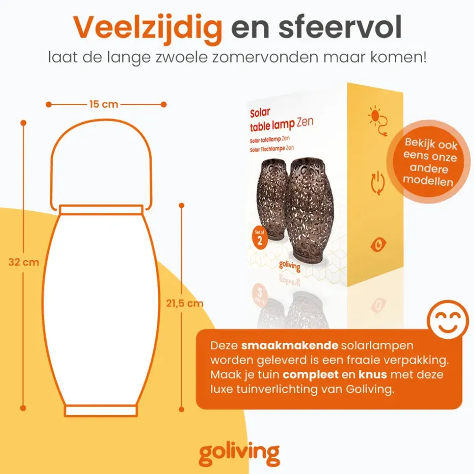 Goliving Solar Tafellamp Zen – 2 Stuks – LED Buitenverlichting - Zonne-energie