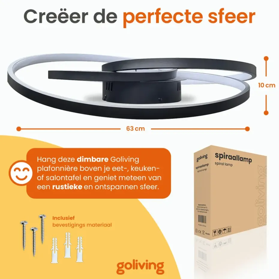 Goliving Spiraal Plafondlamp - Plafonnière - LED - 35w - Ø63cm - Zwart