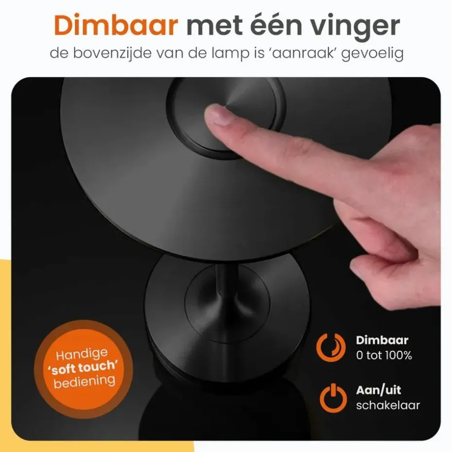 Goliving Tafellamp Op Accu - Oplaadbaar en Dimbaar - Hoogte 27 cm - Zwart