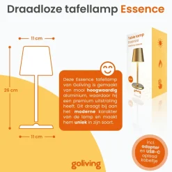 Goliving Tafellamp Oplaadbaar – Draadloos en dimbaar – Moderne touch lamp