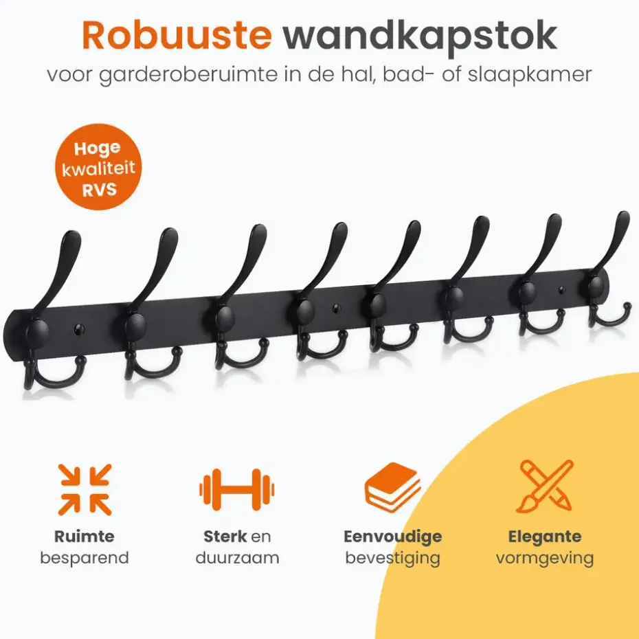 Goliving Wandkapstok – 24 Haaks Hangende Kapstok – Muurkapstok – RVS – Zwart