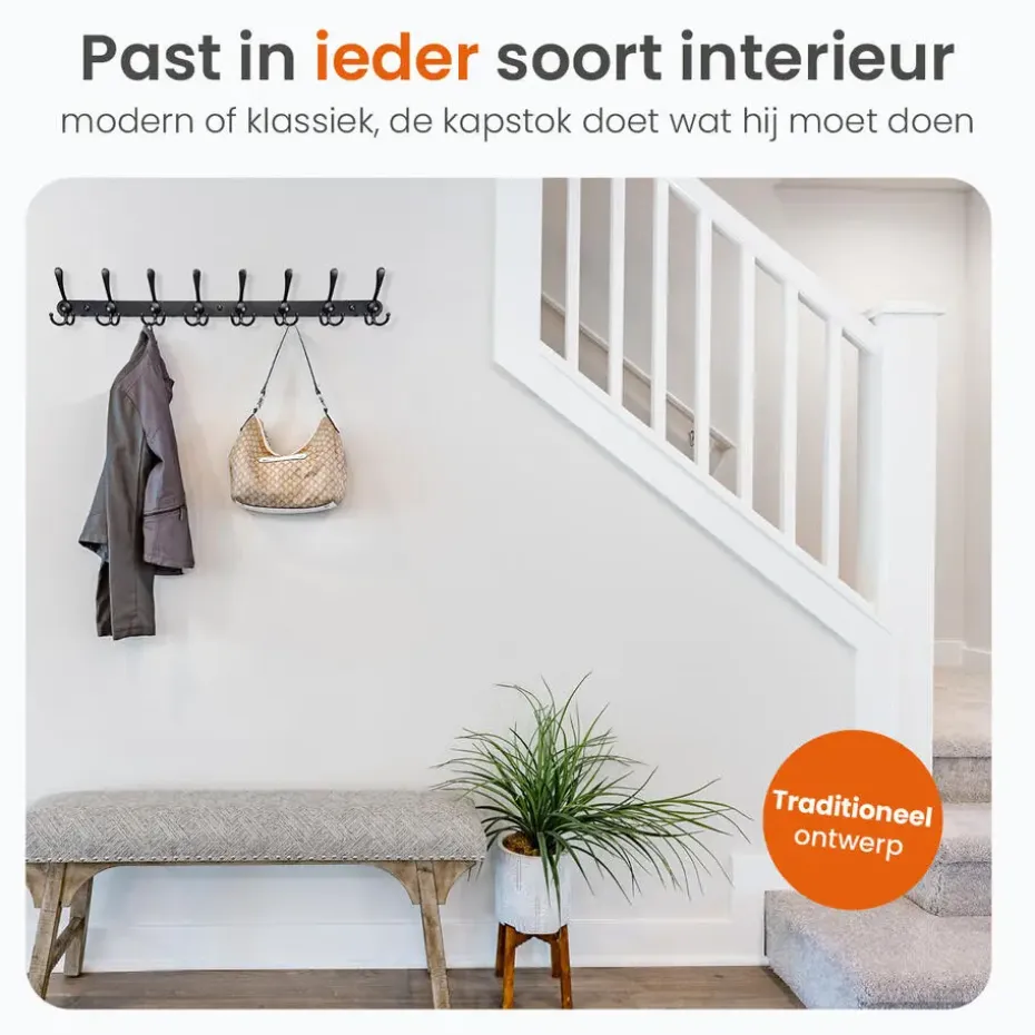 Goliving Wandkapstok – 24 Haaks Hangende Kapstok – Muurkapstok – RVS – Zwart