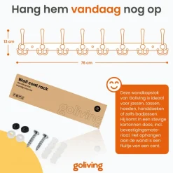 Goliving Wandkapstok – 24 Haaks Hangende Kapstok – Muurkapstok – RVS – Zwart