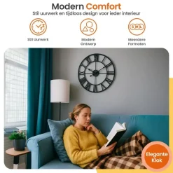 Goliving Wandklok Industrieel - Stil uurwerk - Metaal - Ø 70 cm - Zwart