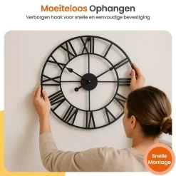 Goliving Wandklok Industrieel - Stil uurwerk - Metaal - Ø 70 cm - Zwart