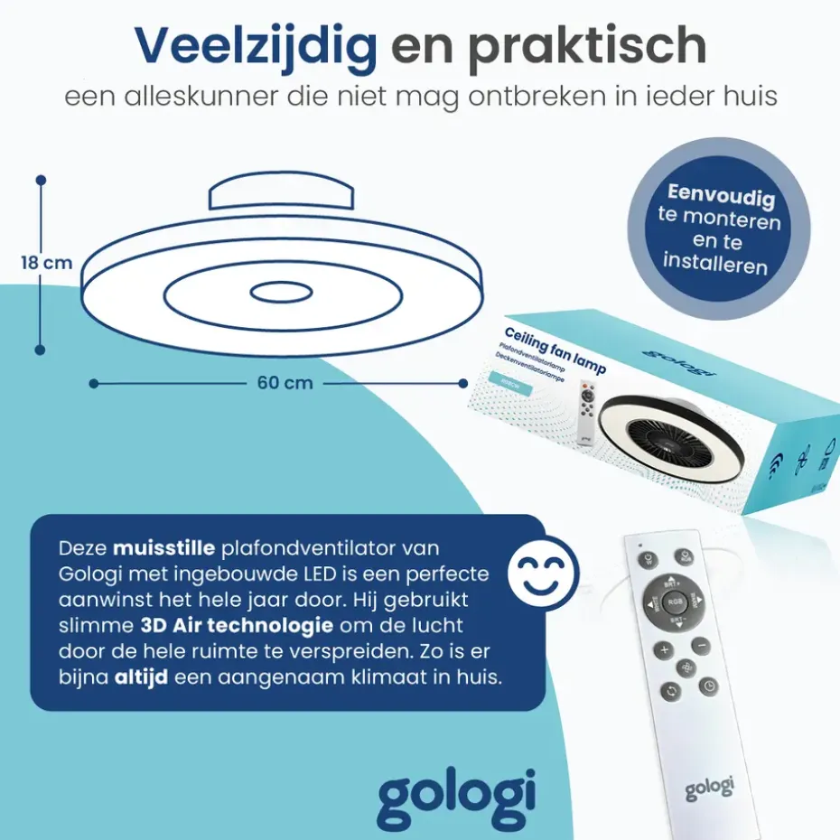 Gologi Plafondventilator met Verlichting - Ø60 cm - LED RGBW - 6 Standen
