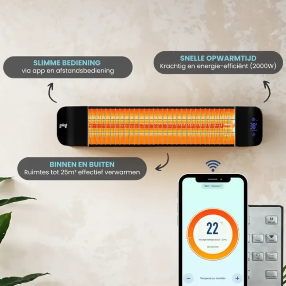 Gologi Slimme Terrasverwarmer - Heater Elektrisch - 2000W - Zwart