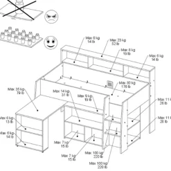 Halfhoogslaper Duffy 90x200cm met bureau - wit / eikdecor